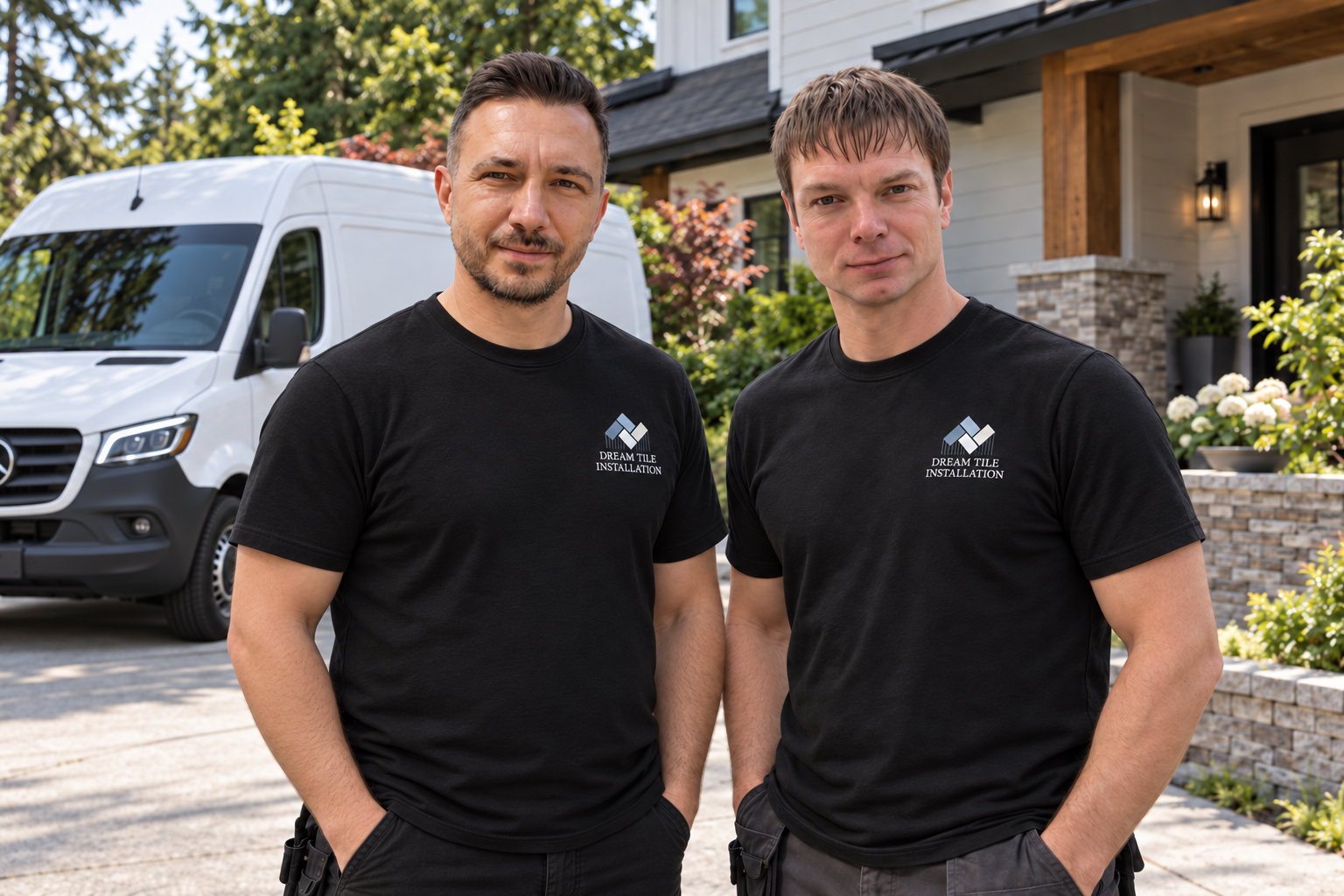 Dream Tile Installation team wearing branded black shirts outside a residential home with a white work van