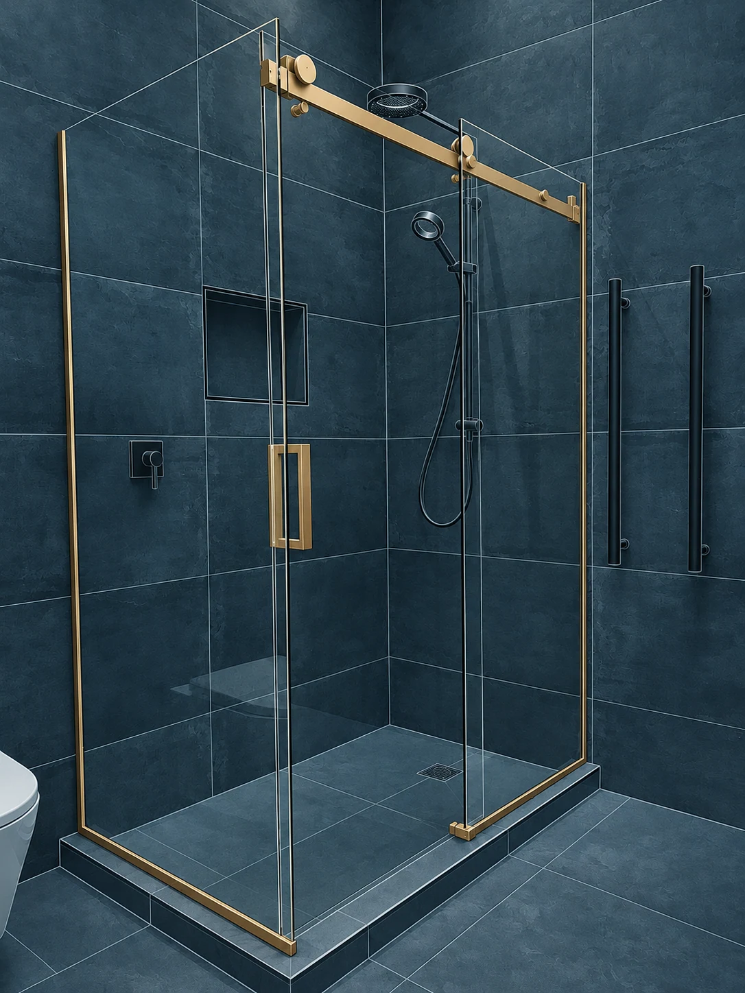 Illustration of sliding glass shower doors with gold rail and rollers in a dark tiled shower