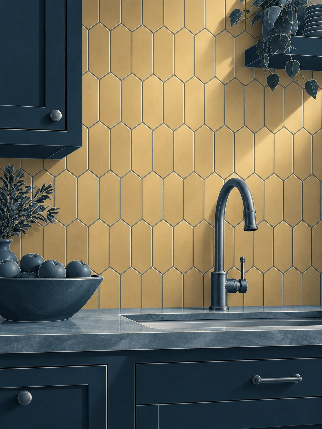 Illustration of a tiled kitchen backsplash in a dark cinematic interior