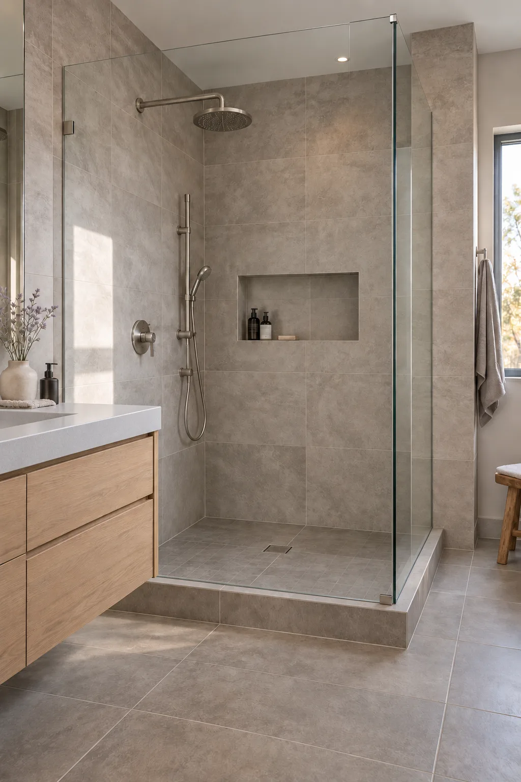 Neutral greige porcelain tile shower with an oak vanity and a single vase of delicate flowers