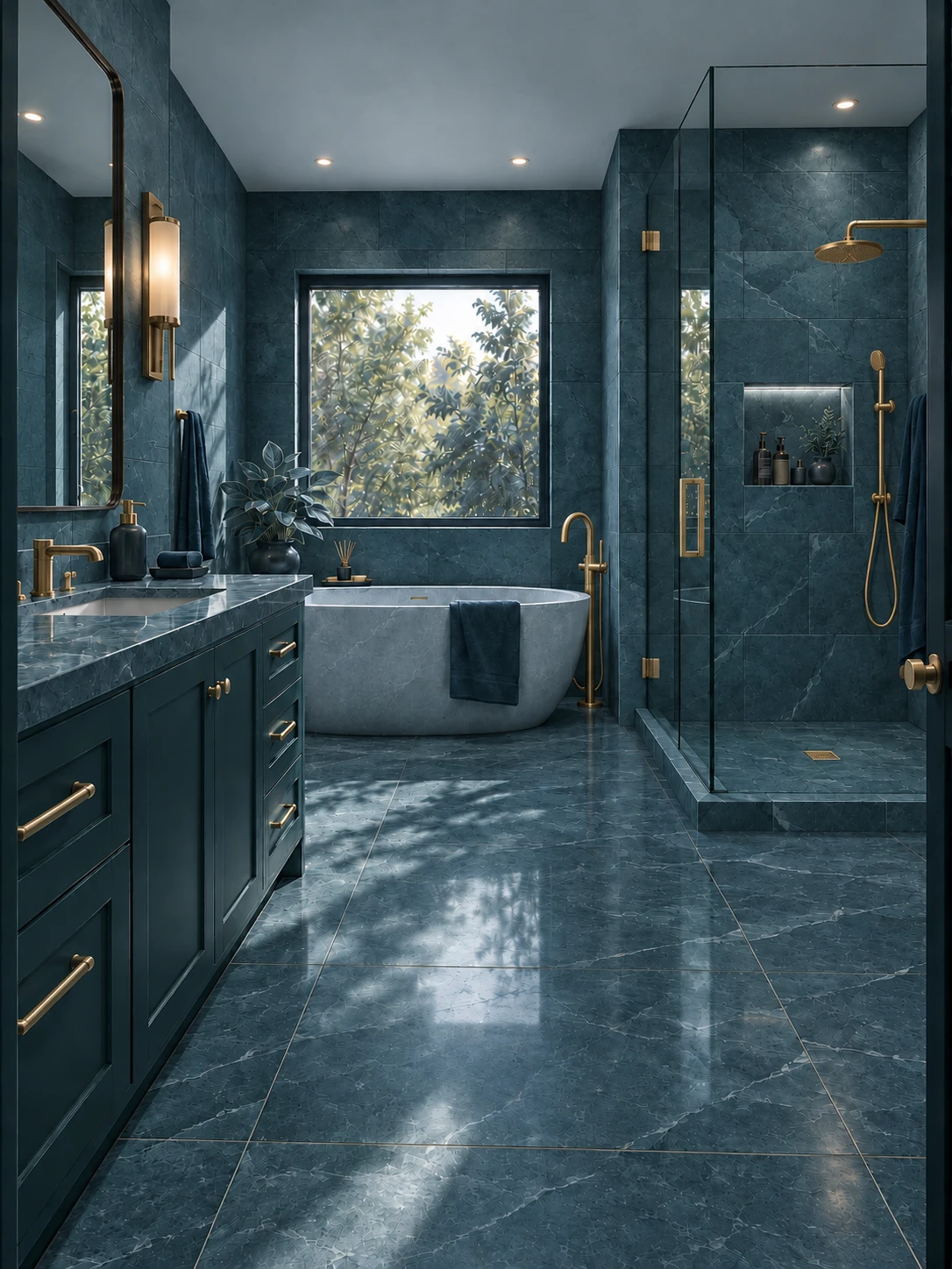 Illustration of a complete slate-blue bathroom with a bathtub, glass shower and subtle gold fixtures