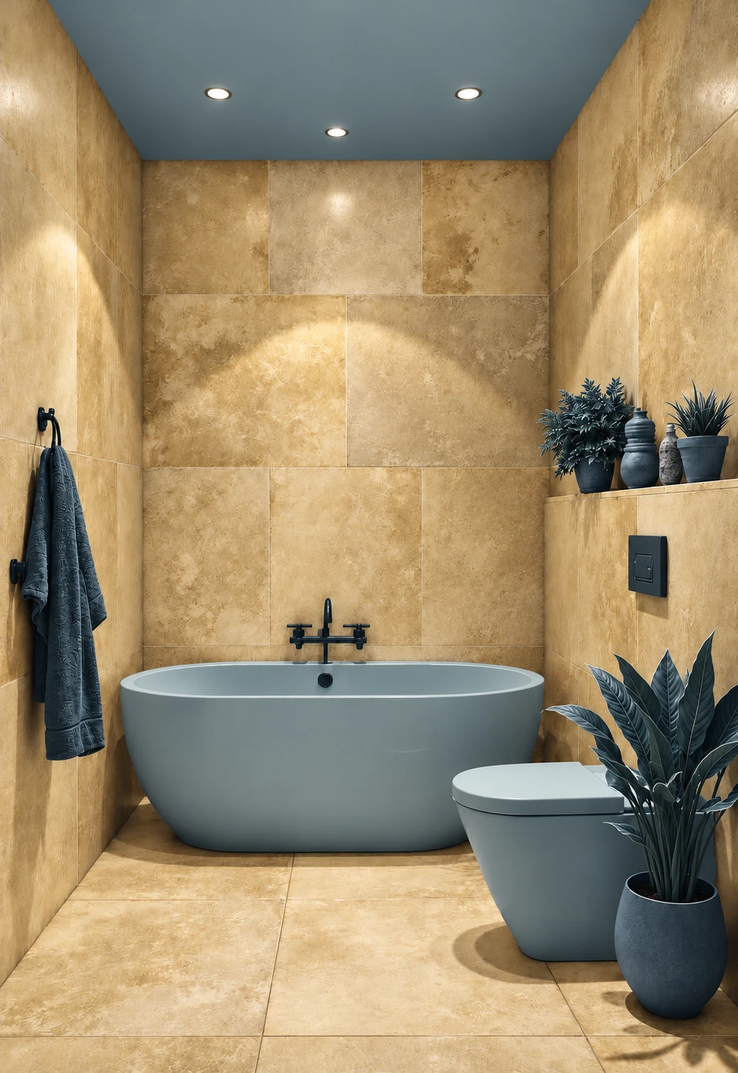 Illustration of a gold-tiled bathroom with a slate-gray bathtub and toilet