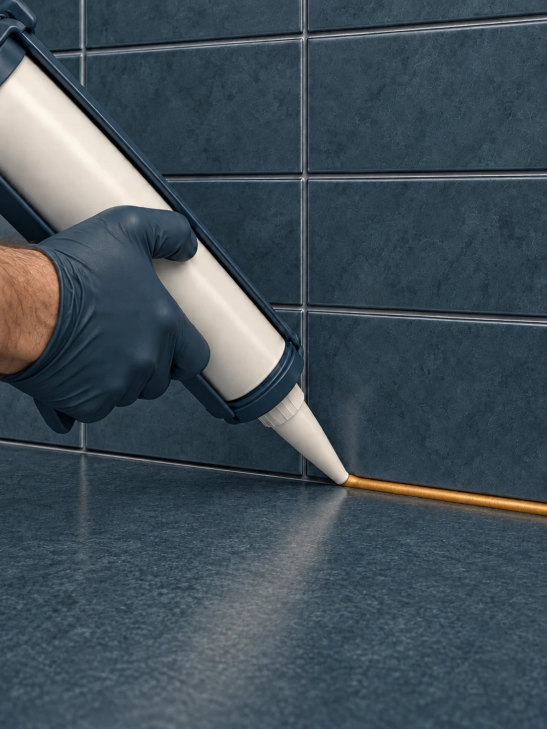 Illustration of a smooth rubber-gloved hand applying caulk at a tiled wall-to-countertop joint