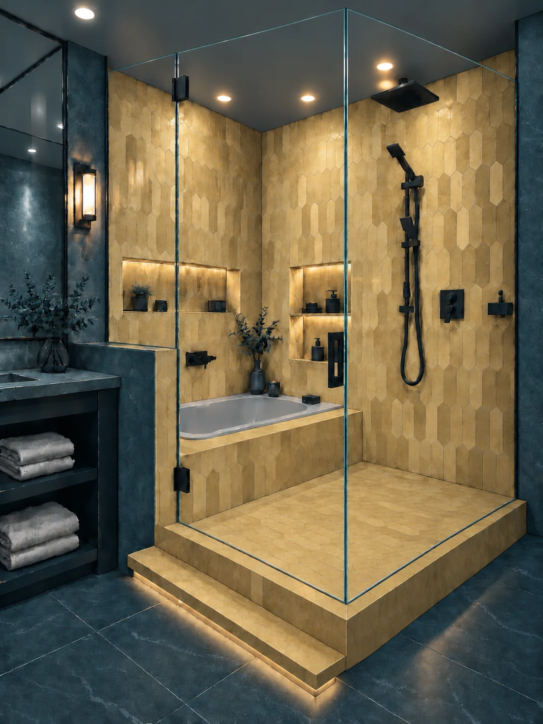 Illustration of a custom shower with gold tile, built-in niches and slate-gray fittings