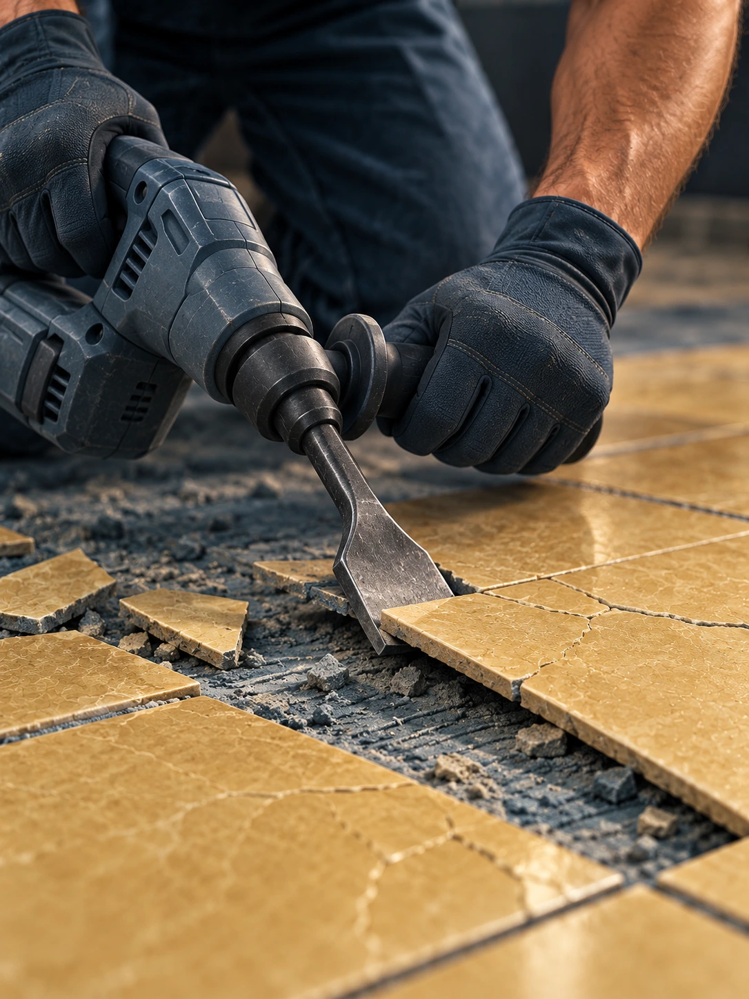 Illustration of gloved hands using a demolition hammer to remove existing gold-toned floor tile