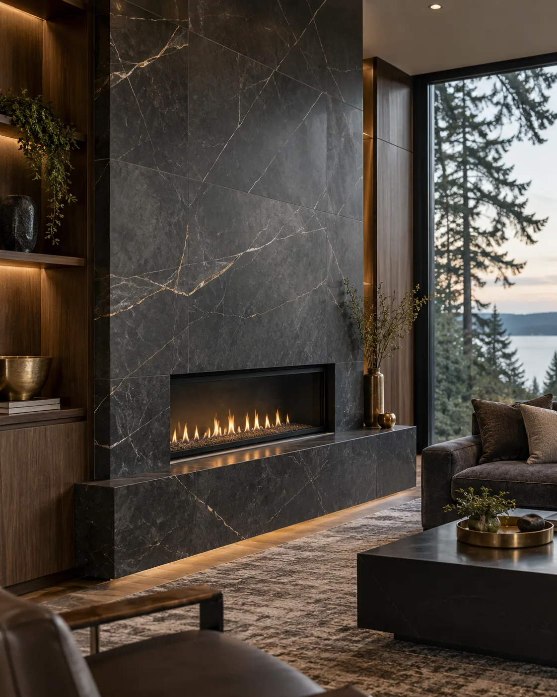 Dark tile fireplace with a long raised hearth bench