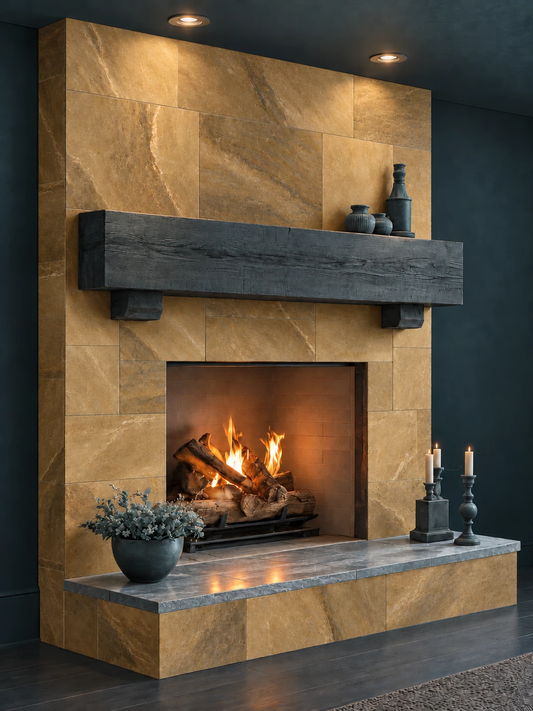 Illustration of a gold-tiled fireplace surround with a dark mantel and a blue-gray marble hearth