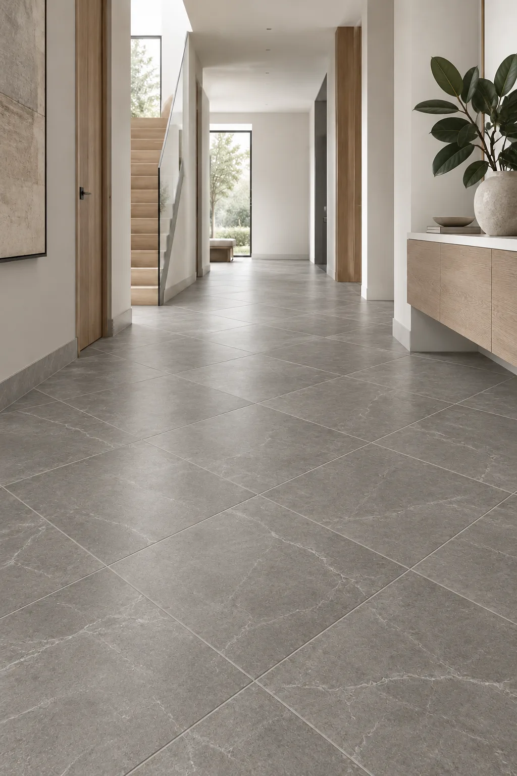 Gray marble-look tile floor laid diagonally through a long corridor