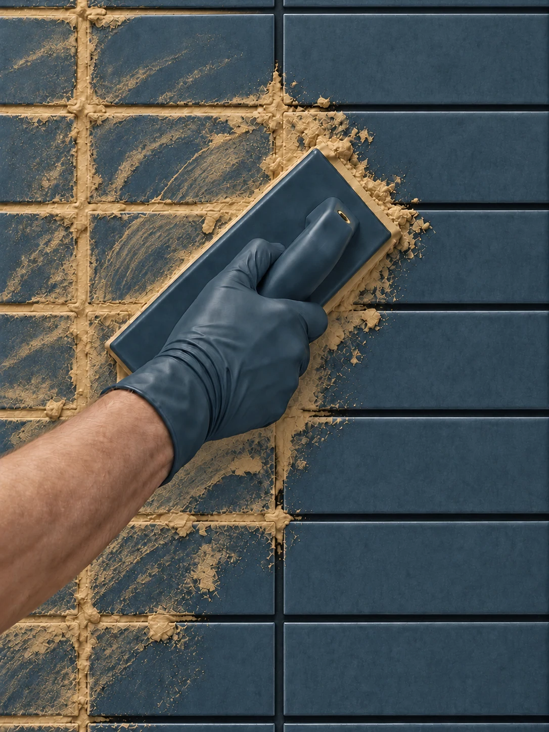 Illustration of a gloved hand applying grout to tile joints with a grout float