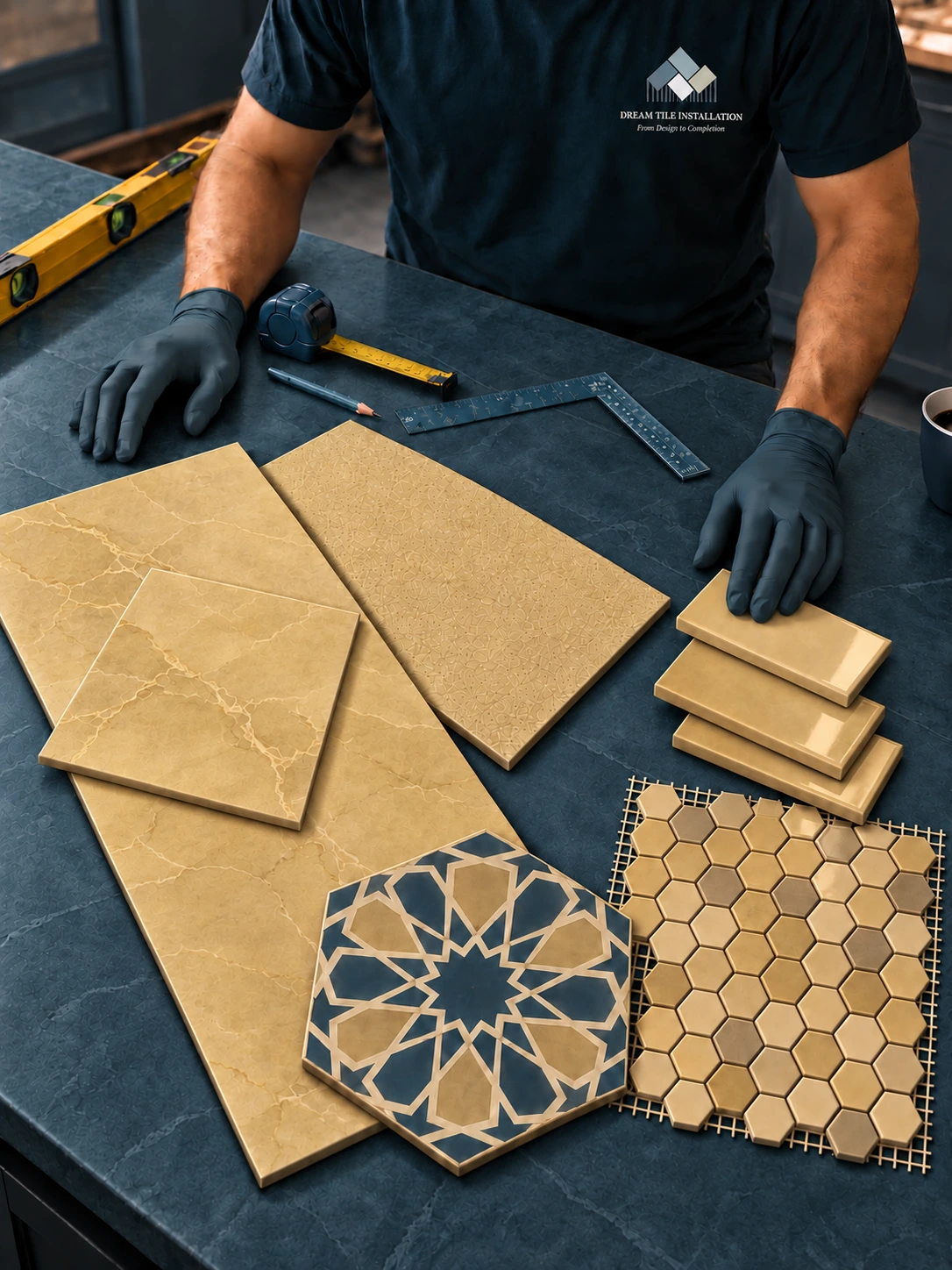 Illustration of a gloved installer comparing porcelain and ceramic tile samples on a worktable