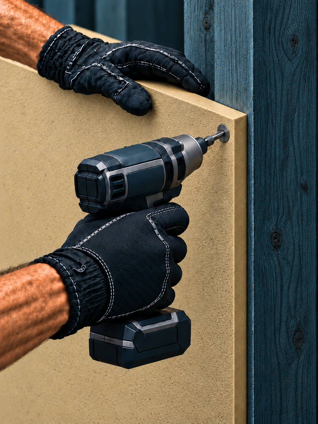 Illustration of gloved hands fastening a backer board to wooden framing with a cordless screwdriver