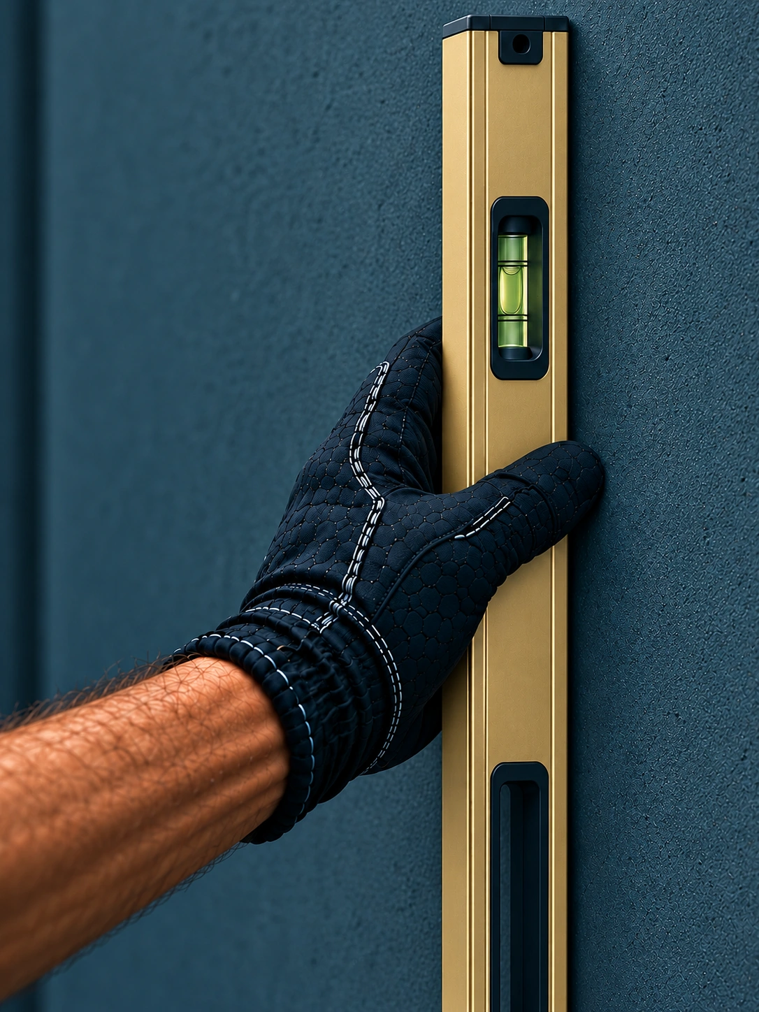 Illustration of a gloved hand holding a long spirit level against an unfinished wall to assess alignment
