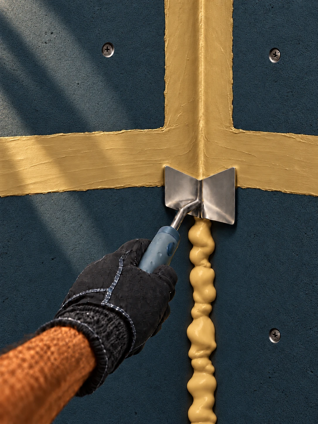 Illustration of a gloved hand smoothing waterproof joint sealant in a matte backer-board inside corner with a corner trowel