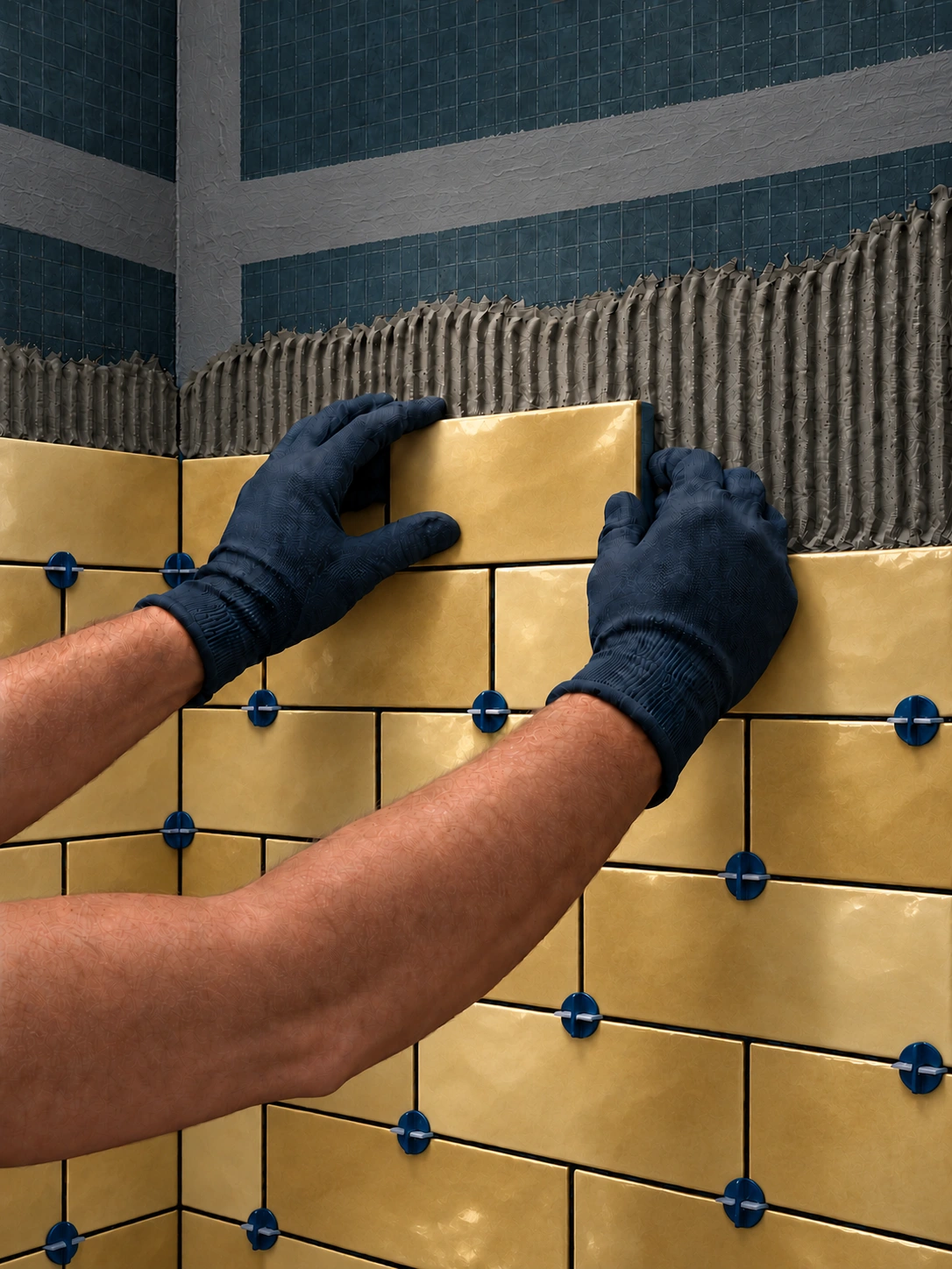 Illustration of gloved hands installing textured glossy gold tiles in a staggered pattern around a shower corner