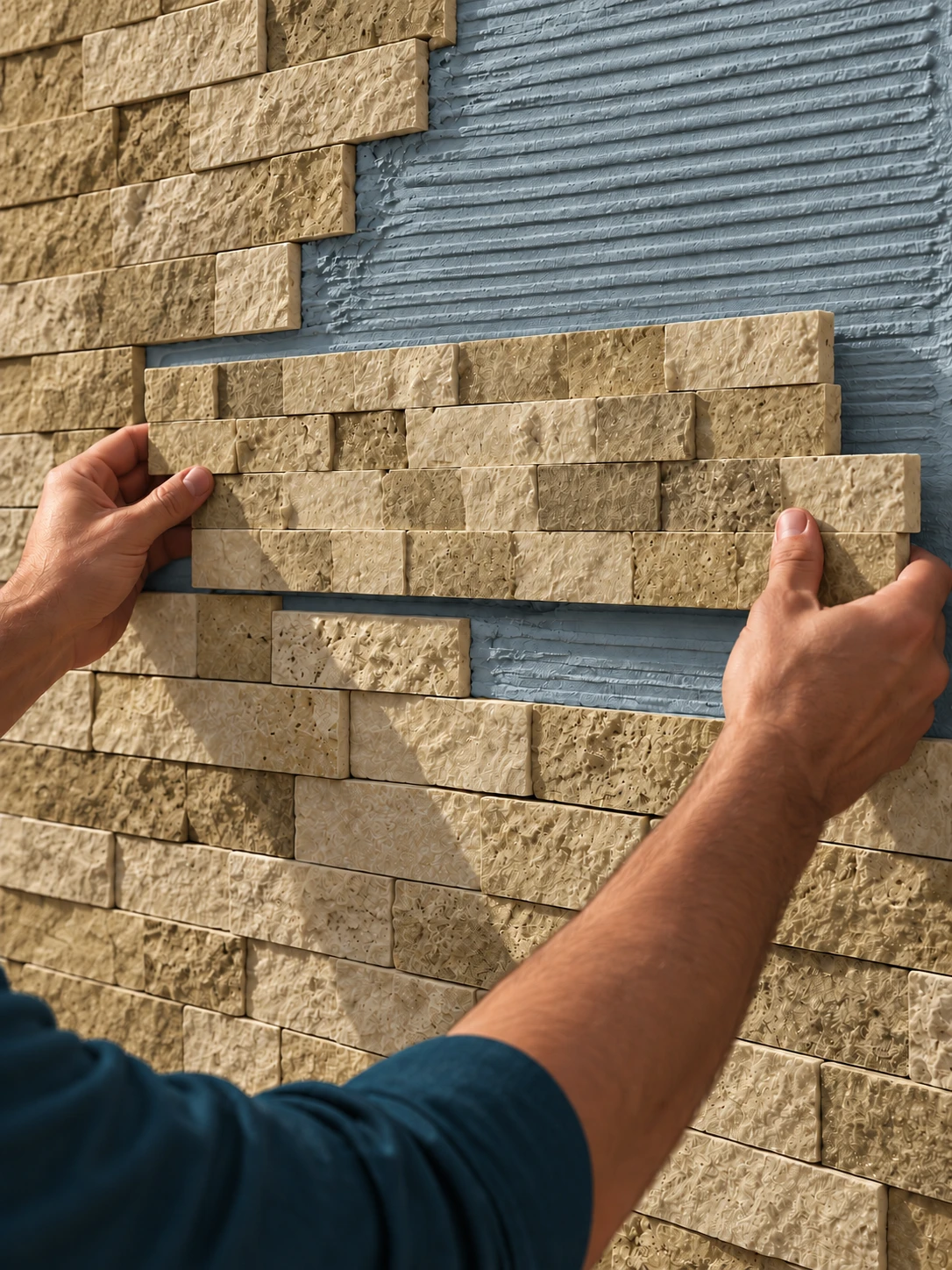 Illustration of hands installing a textured stacked-stone ledger panel on a wall