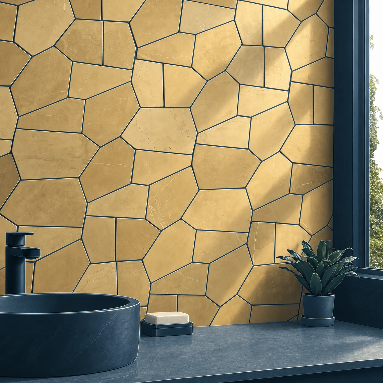 Illustration of a geometric polygon tile accent wall in a dark cinematic interior