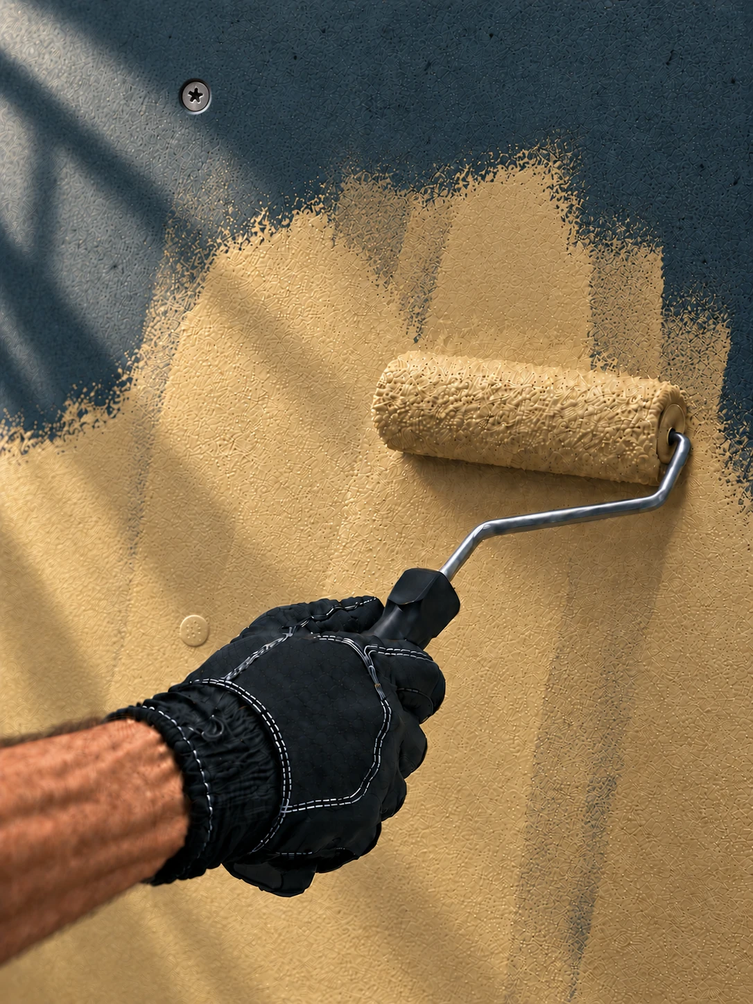 Illustration of a gloved hand applying liquid waterproofing to backer board with a roller