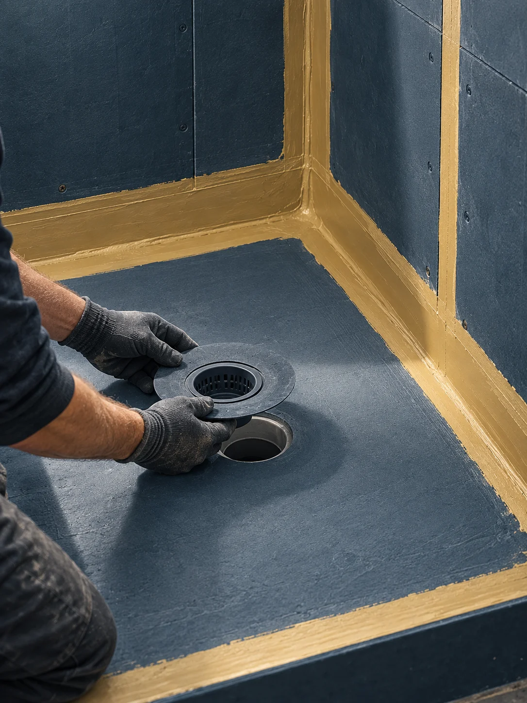 Generated illustration of gloved hands holding a drain assembly above a shower pan opening, with sealed wall-to-pan connections